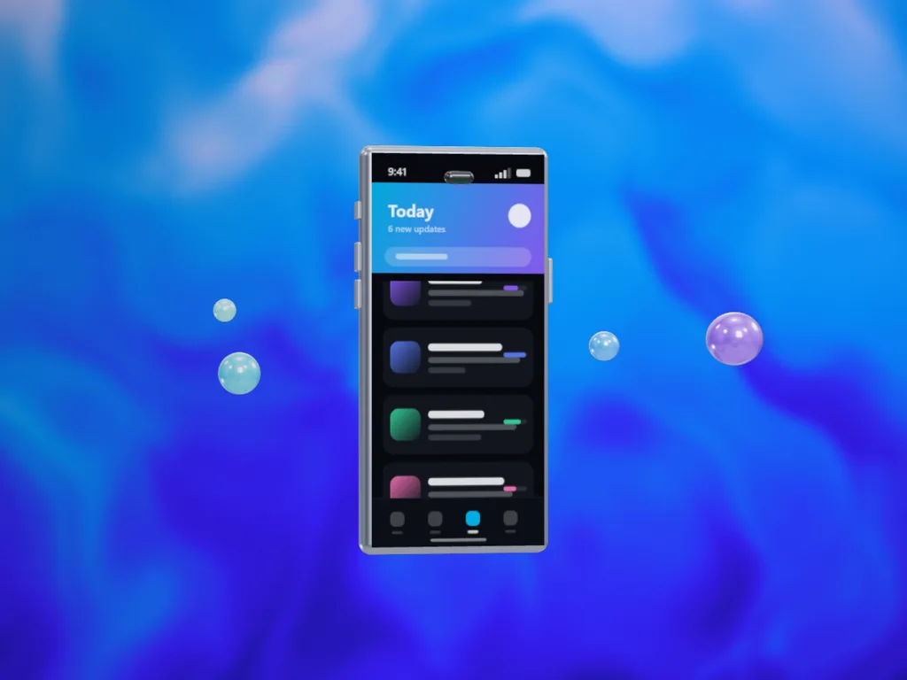 A 3D phone, the object’s mobile form, running a feed app on its screen.