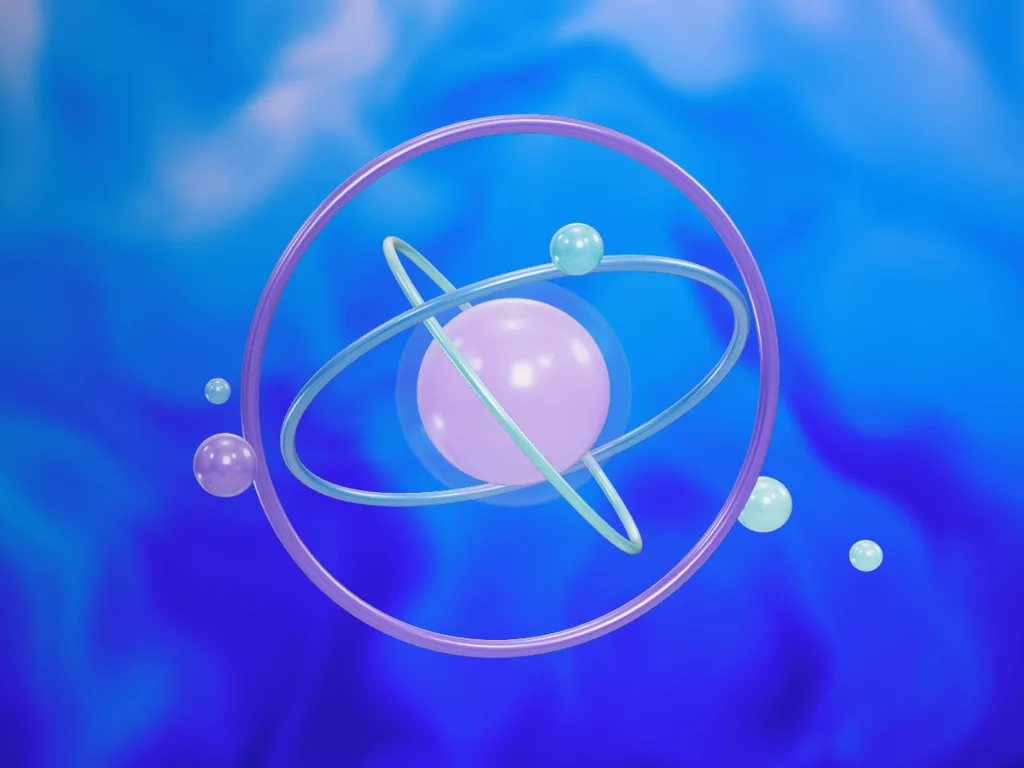 A 3D gyroscope of coloured rings turning around a glowing core.