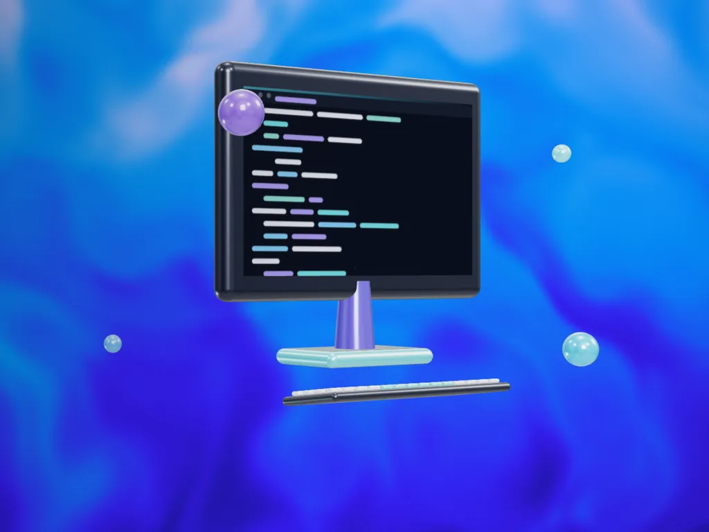 A 3D monitor and keyboard, the object’s web form, with a code editor on screen.